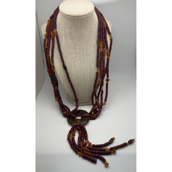 Handmade Beaded Necklace Multi-Strand Tassel Pendant Wood Tribal Boho Nature - Picture 5 of 8